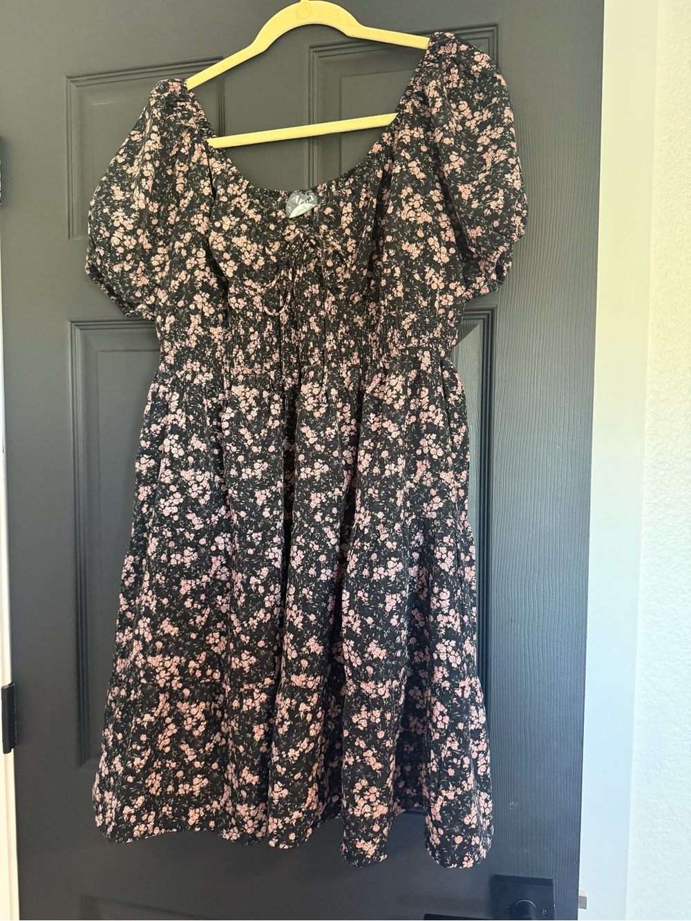 ARULA Black Dress with Pink Floral Print and Puff Sleeves